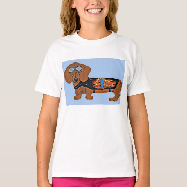 Camiseta Dachshund in Racing Jacket T-Shirt (Frente)