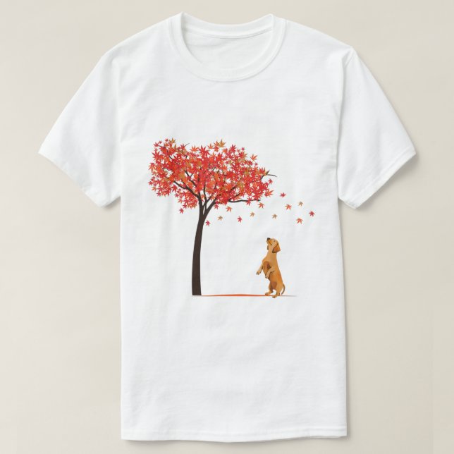 Camiseta Dachshund Maple Tree Dia de Ação de Graças Cachorr (Frente do Design)
