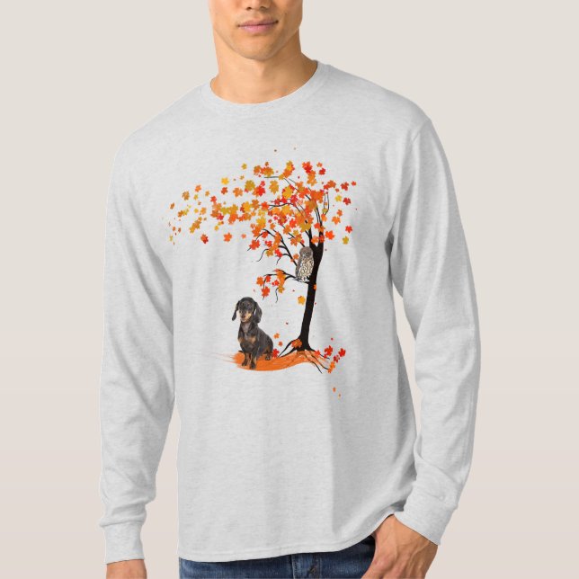Camiseta Dachshund Owl E Fall Tree Dachshund Lover Outono (Frente)