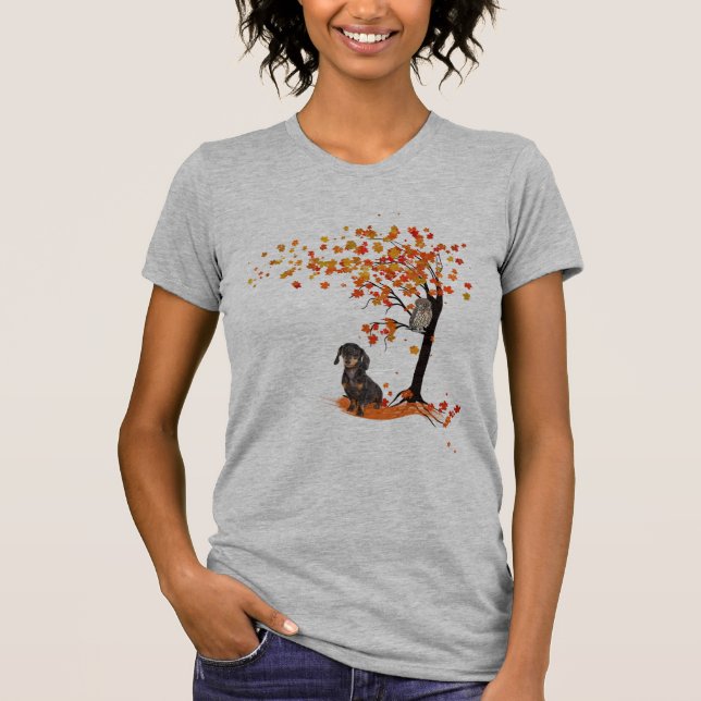 Camiseta Dachshund Owl E Fall Tree Dachshund Lover Outono (Frente)