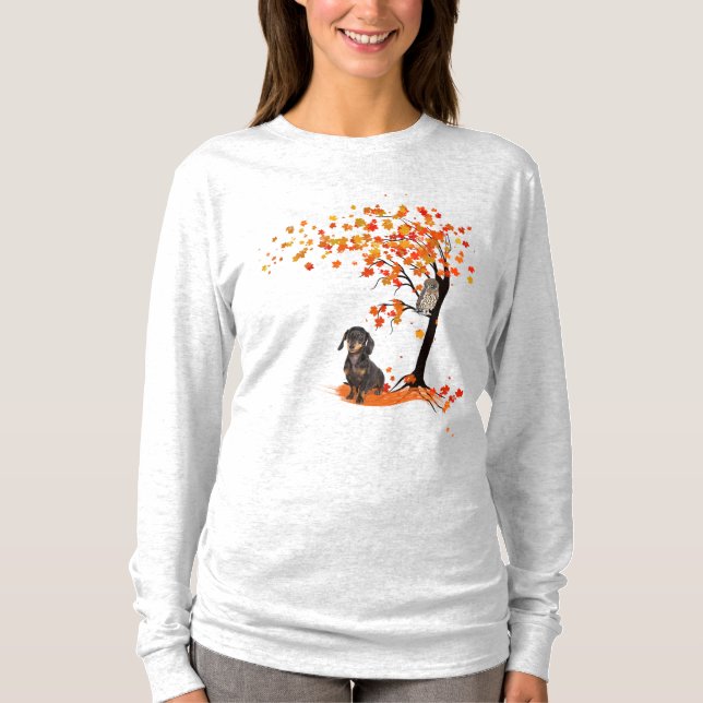 Camiseta Dachshund Owl E Fall Tree Dachshund Lover Outono (Frente)