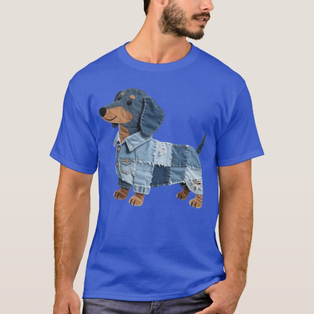 Camiseta Dachshund Pattern Denim Patchwork Art Funny Dachsh (Frente)