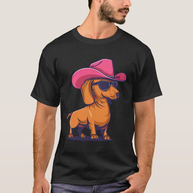 Camiseta Dachshund Pink Cowboy Hat Wiener Sausage Dog Puppy (Frente)