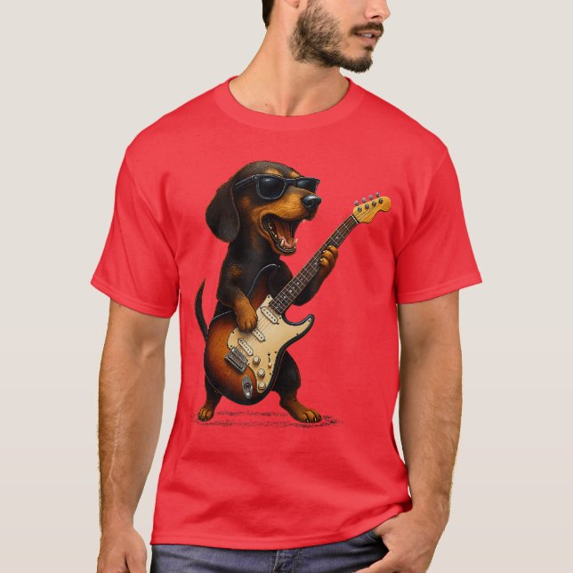 Camiseta Dachshund Playing Guitar Rock Music Dog Lover Pet  (Frente)