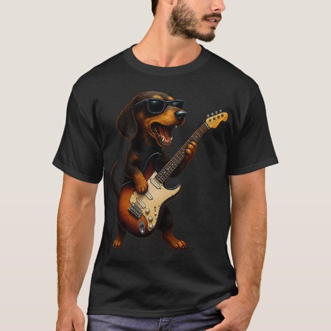 Camiseta Dachshund Playing Guitar Rock Music Dog Lover Pet  (Frente)