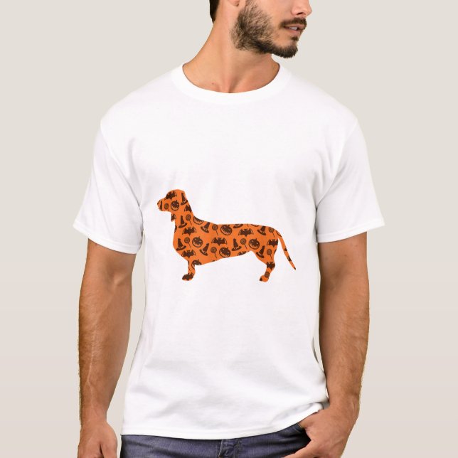 Camiseta Dachshund Pumpkin Witch Bat Funny Spooken Hallowee (Frente)