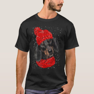 Camiseta Dachshund Red Winter Hat Christmas Scarf Dog