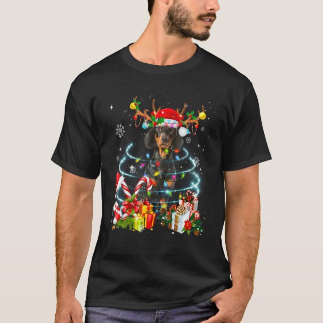 Camiseta Dachshund Reindeer Christmas Tree Lights Pajama Do (Frente)