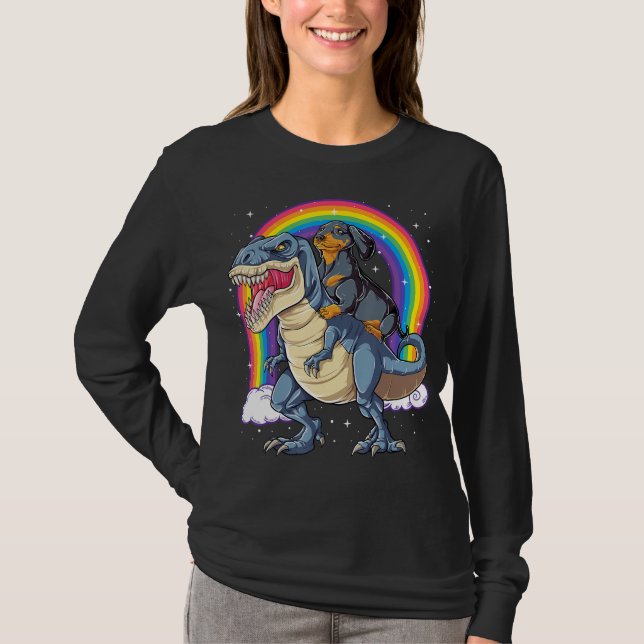 Camiseta Dachshund Riding Dinosaur T Rex Difs Rapazes (Frente)