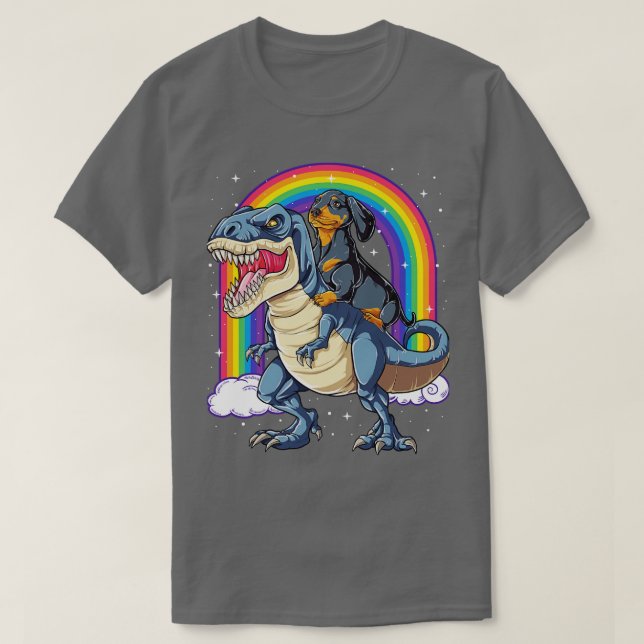 Camiseta Dachshund Riding Dinosaur T rex for Men Women Boys (Frente do Design)