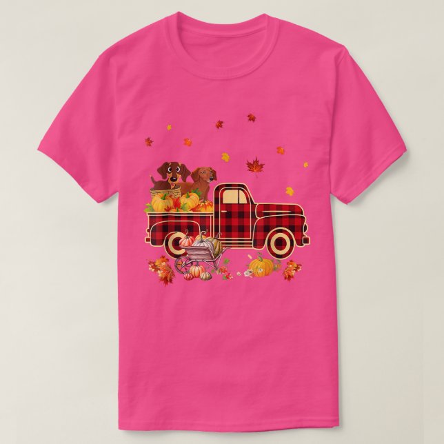 Camiseta Dachshund Riding Truck Pumpkin Autumn Leaves Fall  (Frente do Design)