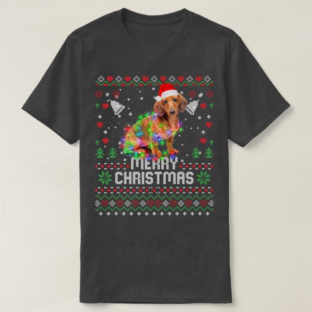 Camiseta Dachshund Santa Hat Cachorro Árvore de Natal Holi (Frente do Design)