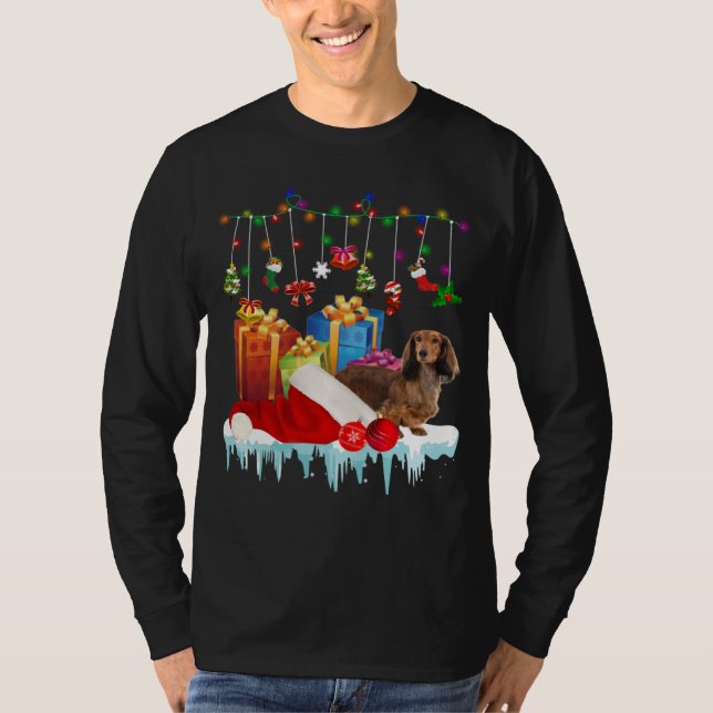 Camiseta Dachshund Santa Hat Christmas Lights  Box (Frente)