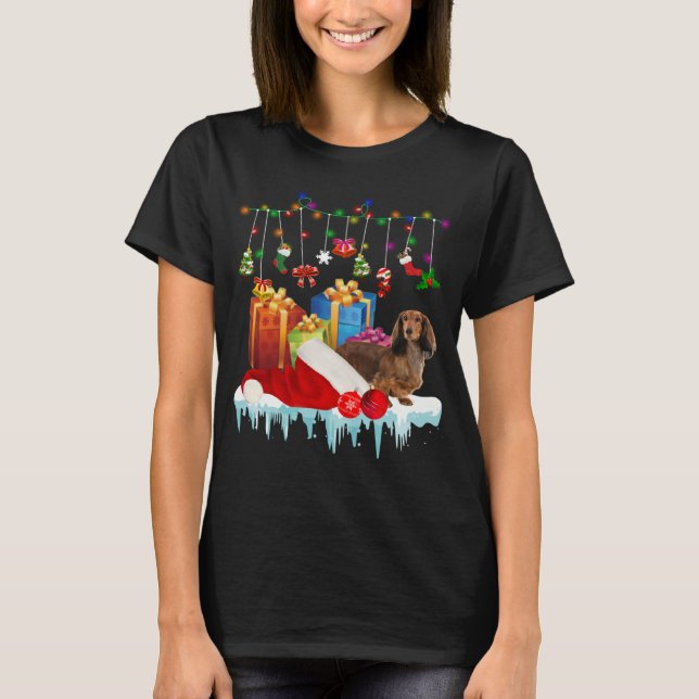 Camiseta Dachshund Santa Hat Christmas Lights  Box (Frente)