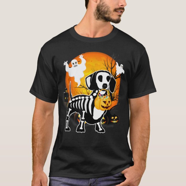 Camiseta Dachshund Skeleton Halloween Happy Pumpkin (Frente)