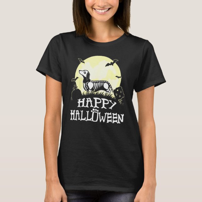 Camiseta Dachshund Skeleton Halloween Happy Pumpkin (Frente)