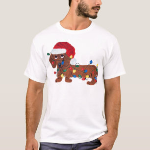 Camiseta Dachshund Tangled nas luzes de Natal (vermelhas)