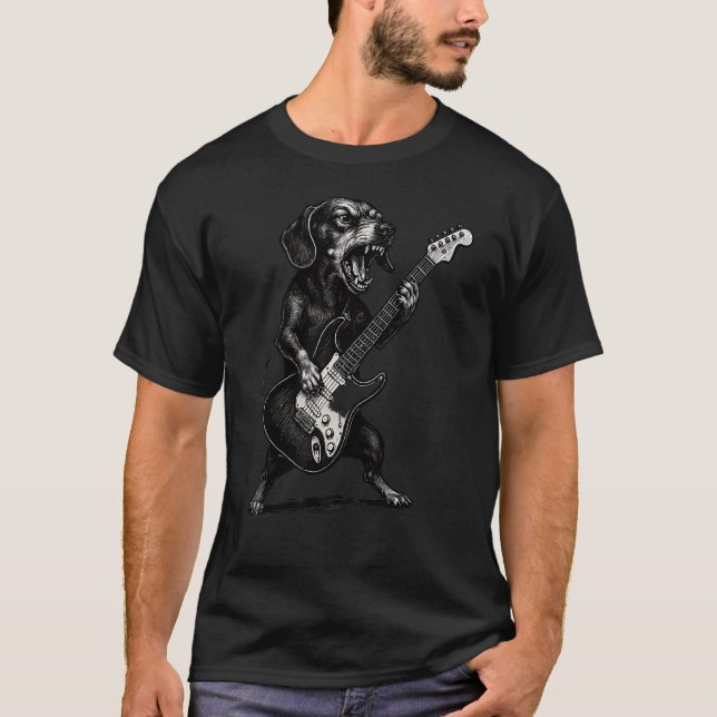 Camiseta Dachshund Tocando Guitarra Elétrica (Frente)