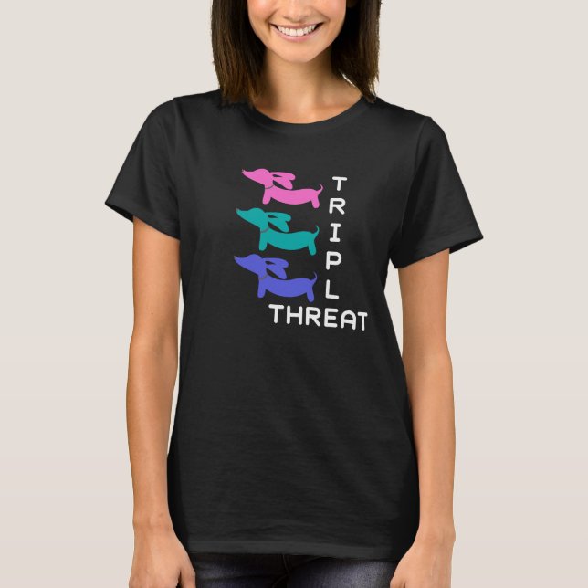 Camiseta Dachshund triplo da ameaça (3 doxies) (Frente)