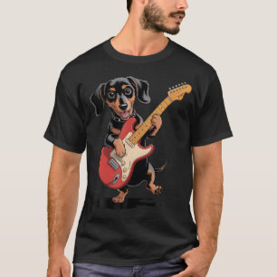Camiseta Dachshund Weenie Engraçado Tocando Guitarra Cachor