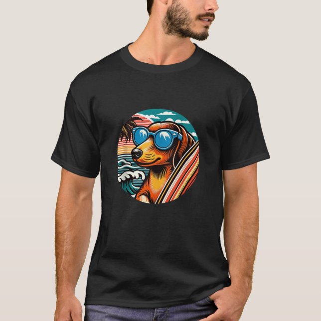 Camiseta Dachshund Wiener Dog Surfing Summer Vibes Beach Su (Frente)