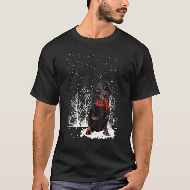 Camiseta Dachshund Winter Scarf Dogs Tree Forest Snow Chri (Frente)