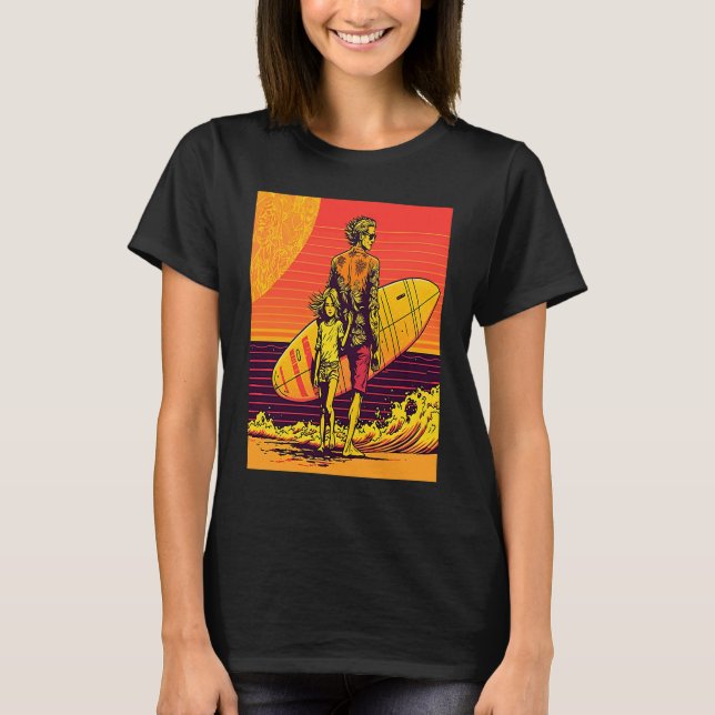 Camiseta Dad And Daughter Surfing Retro Pop Surfer Dad (Frente)