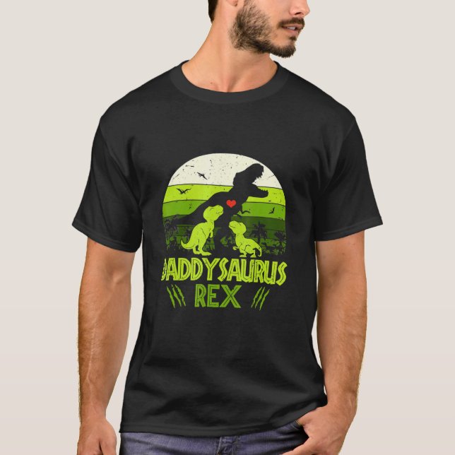 Camiseta Daddysaurus Rex 2 Crianças Dinossauro Para Pais (Frente)