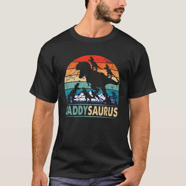 Camiseta Daddysaurus T Rex Pai Dinossauro 4 Crianças D Pai (Frente)