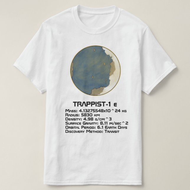 Camiseta Dados técnicos do TRAPPIST-1 e (Frente do Design)