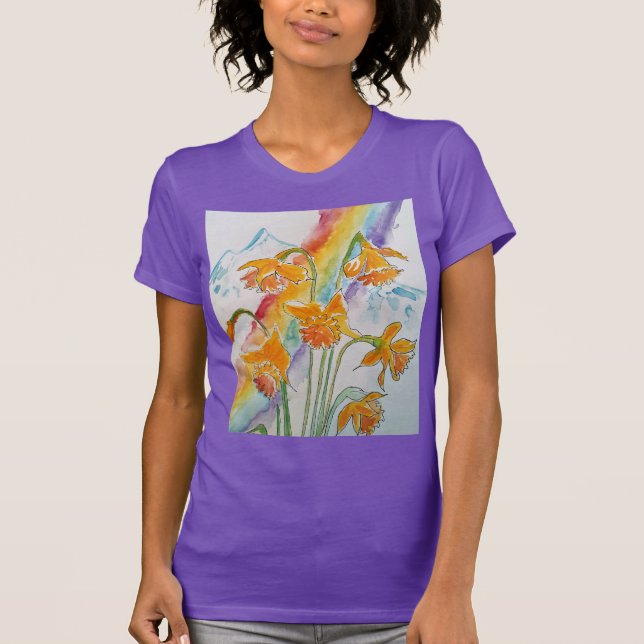 Camiseta Daffodil Flor Arco-Íris Flores Aquarelas T-Shirt (Frente)