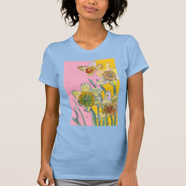Camiseta Daffodil Flor Azul Amarelo Flor Aquarela (Frente)