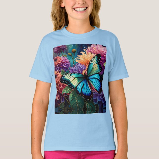 Camiseta Dahlias E Borboleta Verde Azul Iridescente (Frente)