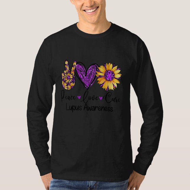 Camiseta Daisy Sunflower Peace Love Cure Purple Lupus Aware (Frente)