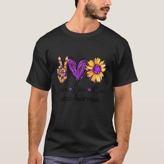 Camiseta Daisy Sunflower Peace Love Cure Purple Lupus Aware (Frente)