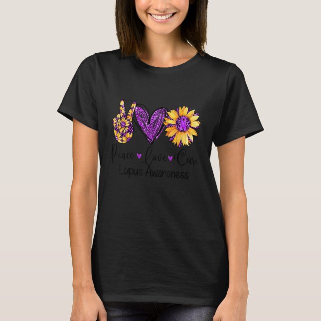 Camiseta Daisy Sunflower Peace Love Cure Purple Lupus Aware (Frente)