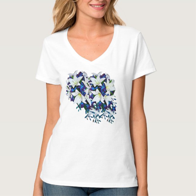 Camiseta Dama da ponte, violeta e flor branca de seda (Frente)