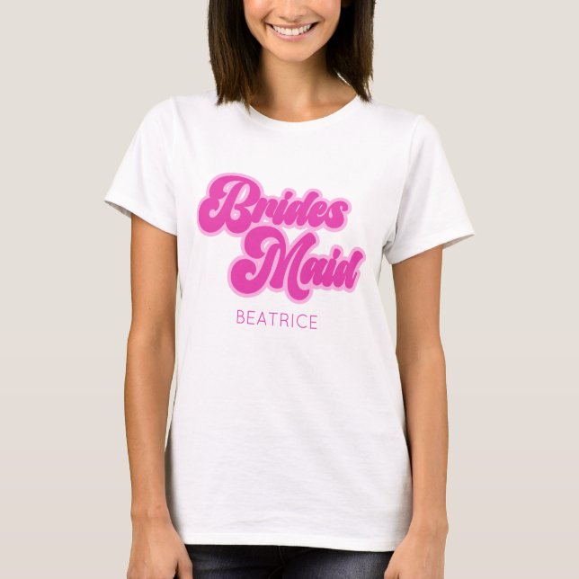 Camiseta Dama de Honor Bubblegum Rosa Retro Nome Personaliz (Frente)