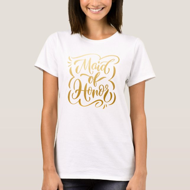Camiseta Dama de Honra com Letra Manual em Dourado Metálico (Frente)