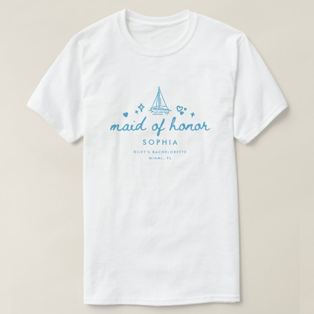 Camiseta Dama de Honra Moderna Azul Script Lake Despedida d (Frente do Design)