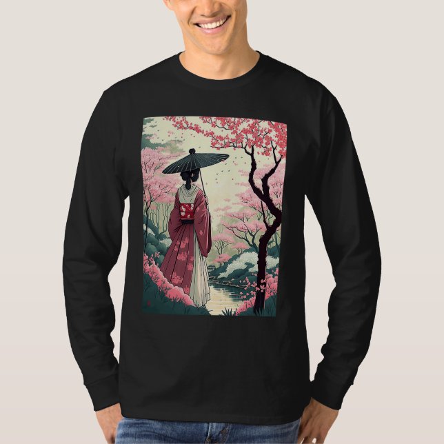 Camiseta Dama Japonesa com Jardim do Blossom de Guarda-chuv (Frente)