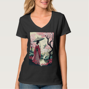 Camiseta Dama Japonesa com o Umbrella Pagoda cereja Blossom