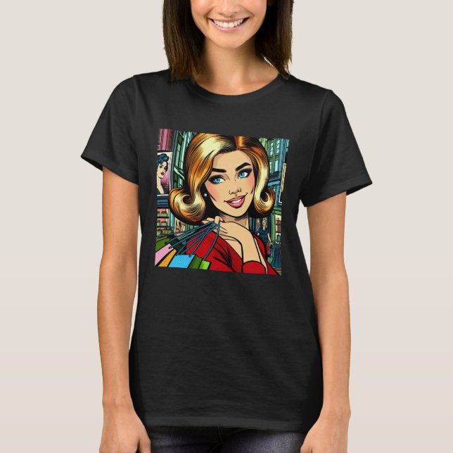 Camiseta Dama Retro com Sacolas de Compras Meados do Século (Frente)