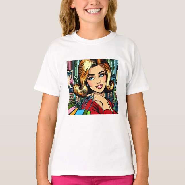 Camiseta Dama Retro com Sacolas de Compras Meados do Século (Frente)