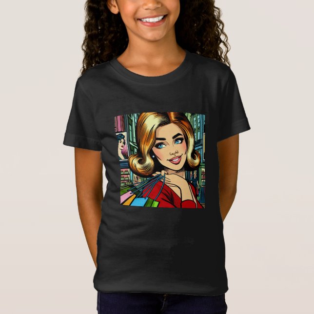 Camiseta Dama Retro com Sacolas de Compras Meados do Século (Frente)