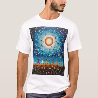 Camiseta Dança Cósmica - Paisagem de Warli Surreal