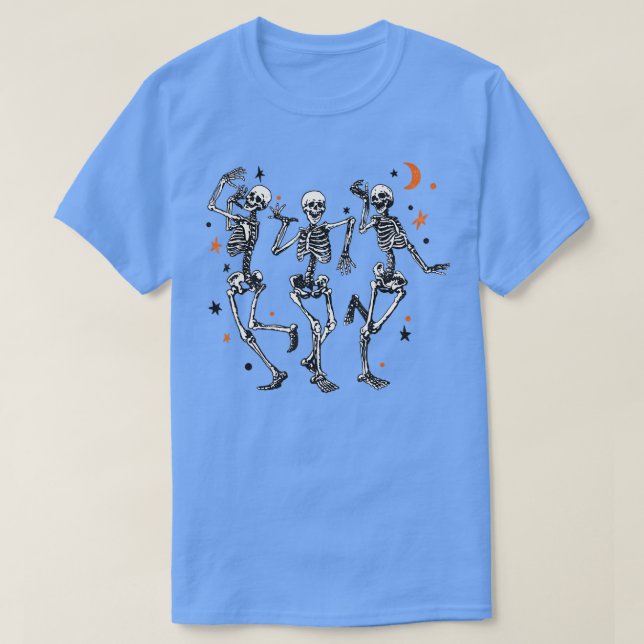 Camiseta Dançando esqueletos Lua Halloween outubro (Frente do Design)