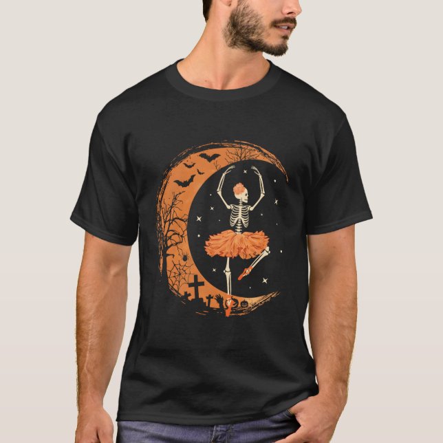 Camiseta Dançando Skeleton Ballerina Balé Dance Halloween (Frente)