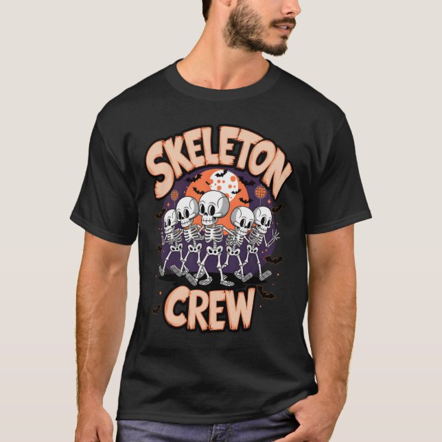 Camiseta Dançando Skeleton Crew Festa de Halloween Divertid (Frente)