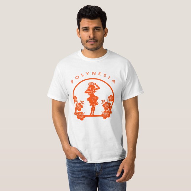 Camiseta Dançarino Polinésio Laranja com Flores de Hibisco (Frente Completa)